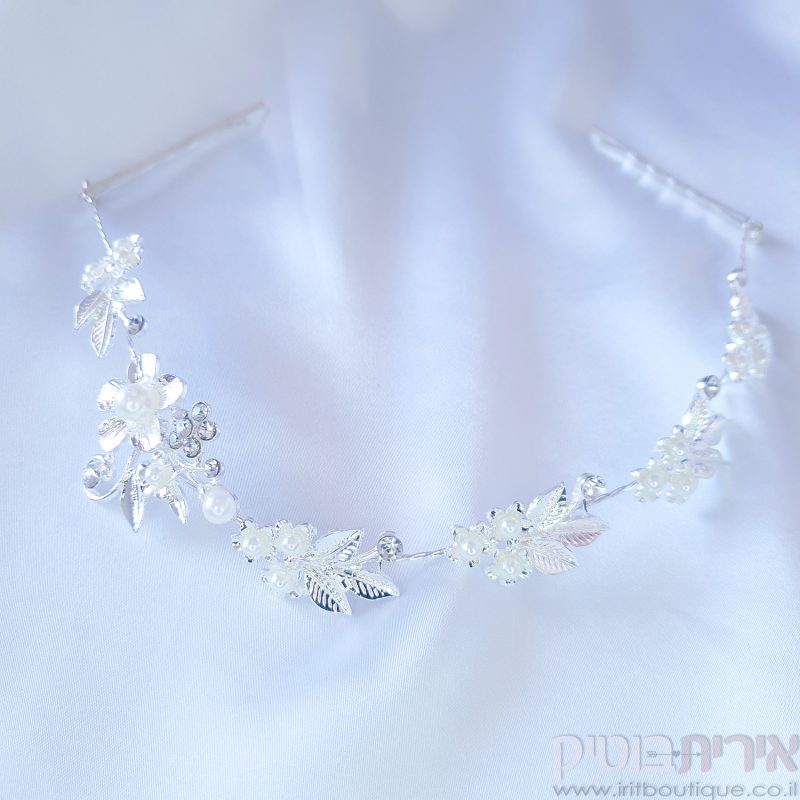 נזר לכלה פרחים ועלי כותרת - כסוף - Image 5