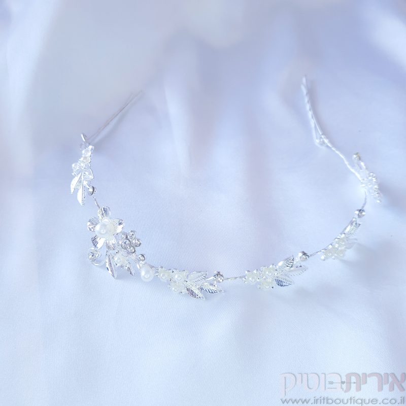 נזר לכלה פרחים ועלי כותרת - כסוף - Image 3