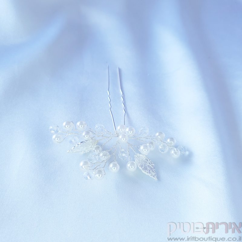סיכה לכלה עדינה עם עלים כסופים - Image 4