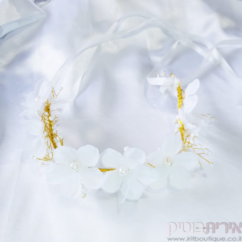 נזר פרחים לבנים בשילוב פנינה - Image 3