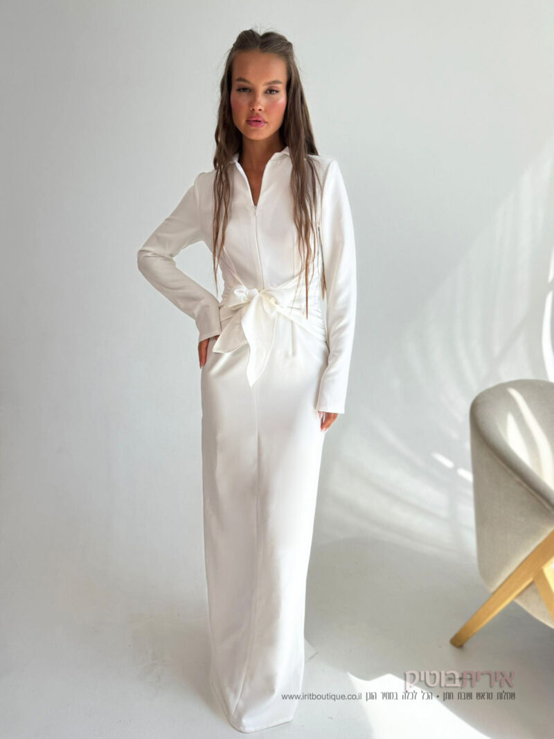 שמלה לבנה מחויטת קשירה קדמית שמלה לבנה מחויטת קשירה קדמית