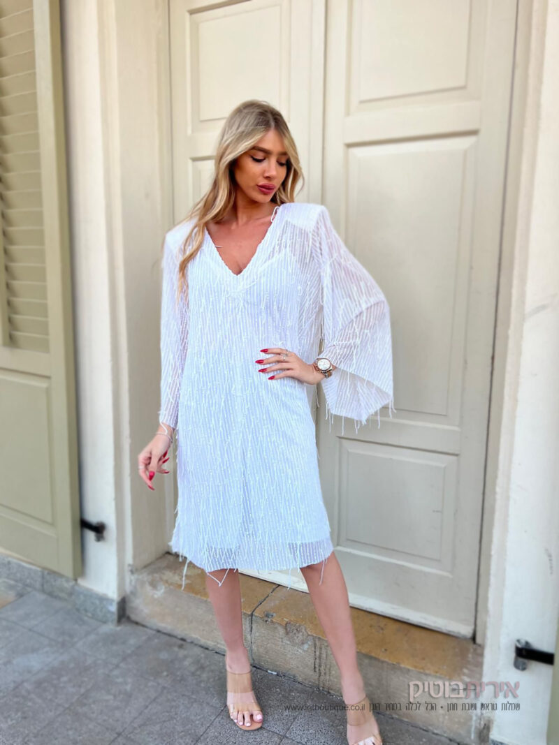 שמלת ערב פרנזים לבנה שמלת ערב פרנזים לבנה